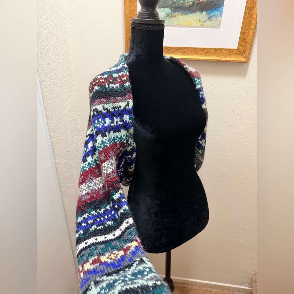 Free People Carnival Fair Isle Knit Shrug cropped open-front bolero sweater M - Picture 4 of 9